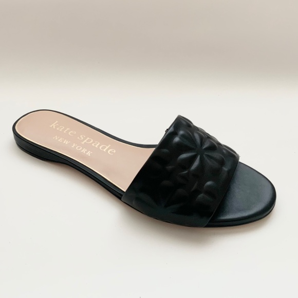 Kate Spade Emmie Floral Embossed Slide Sandals Black Leather Flat Mules 9.5 - Picture 10 of 13